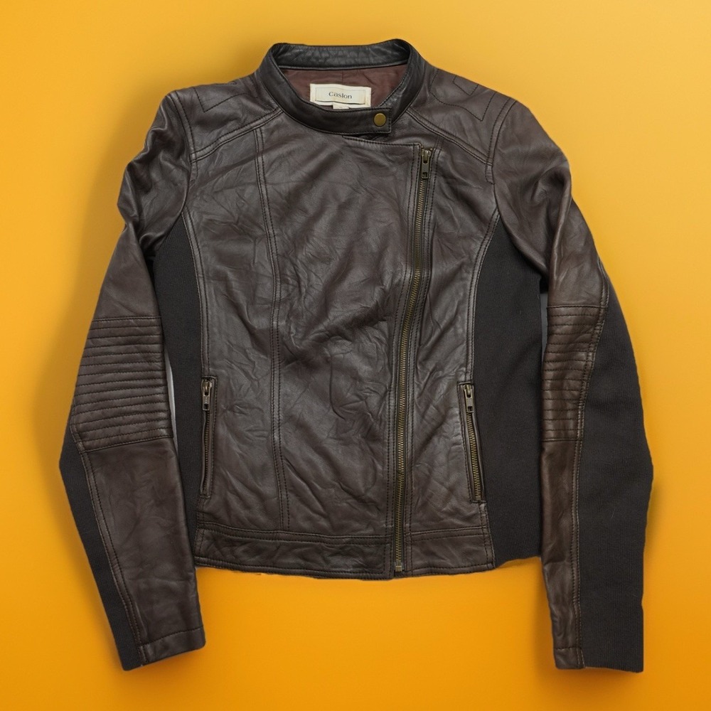 Vintage Caslon Leather Jacket Size Medium Women's Brown Zip Moto Long Sleeve vtg